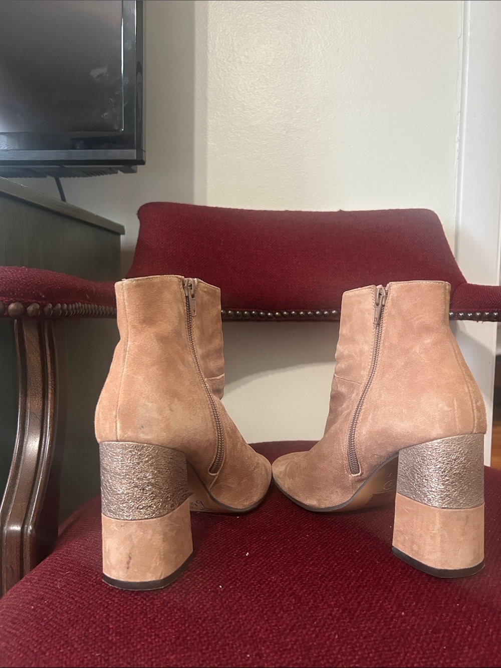 LODI Tan Suede Foil Block Heel Ankle Boots